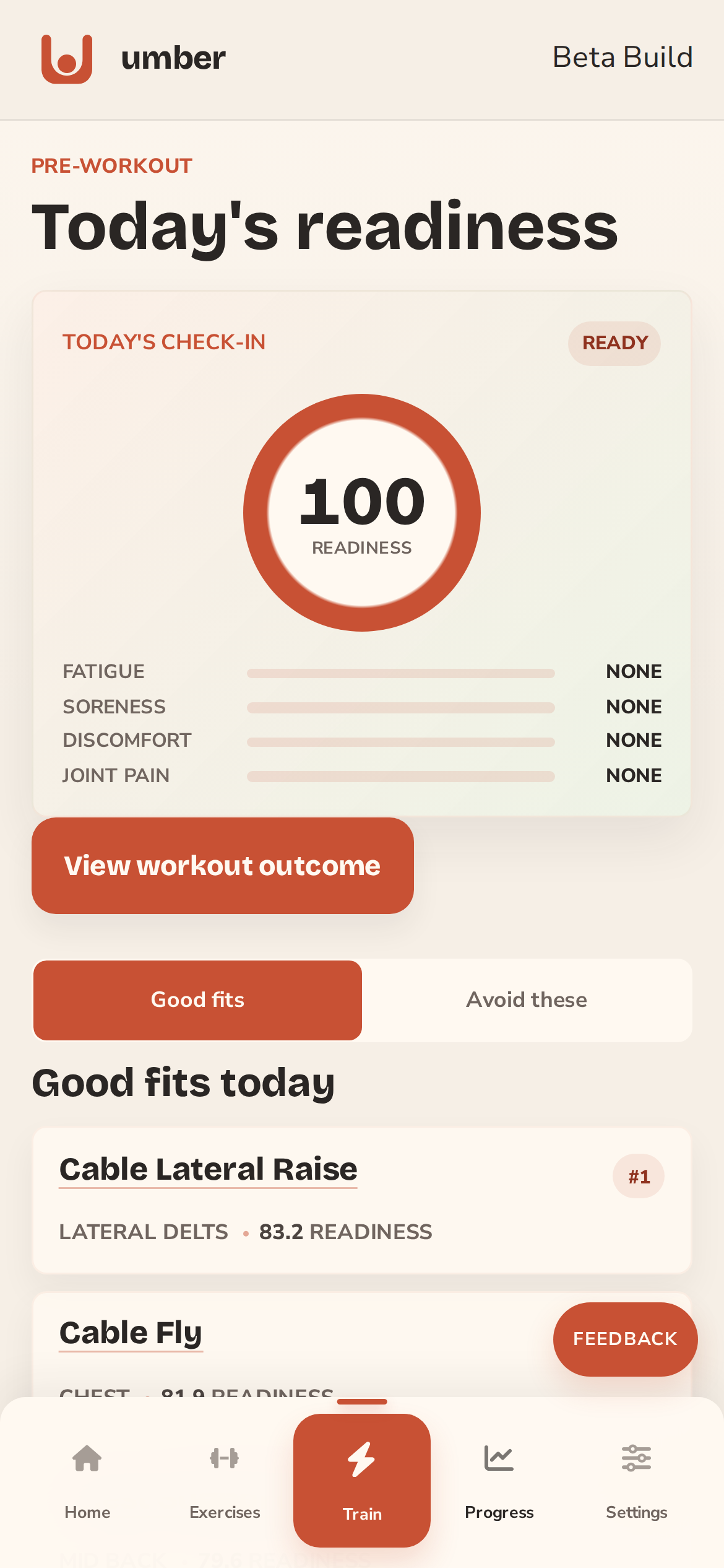 umber readiness preview showing an 84 readiness score and ranked exercise fits