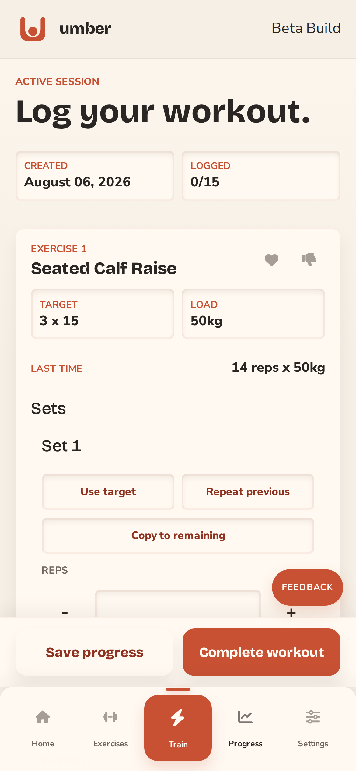 umber active session screen for logging reps and load